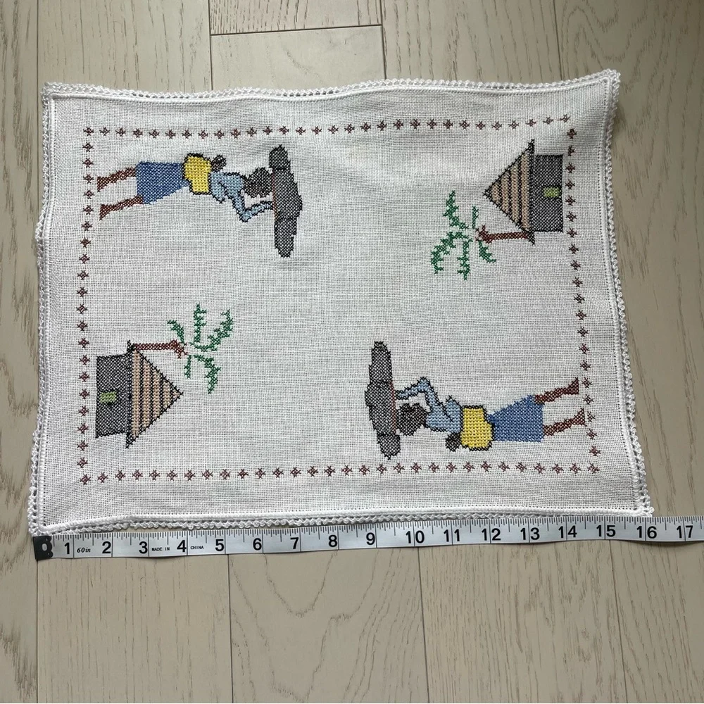 Vintage linen textile tea towel cloth embroidered mother and child cross stitch
